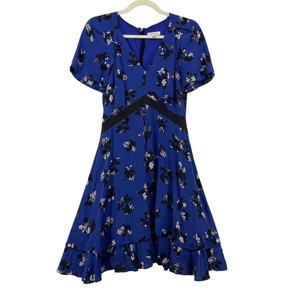 Rebecca Taylor 4 Alyssum Mini Dress Blue Silk Floral Ruffle V-Neck Party Women